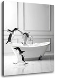 Funny Bathroom Wall Art Decor Modern Wrapped Canvas Prints Black and White Canvas Wall Art Pictures Cute Penguin Bathing Wall Decor Humor Farmhouse Animals Prints Framed Ready to Hang 8"x10"